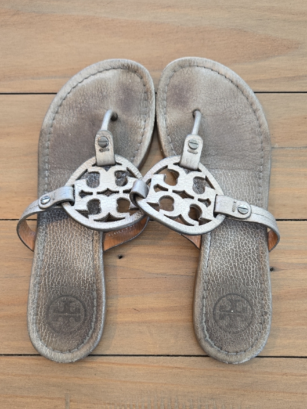 Tory Burch Metallic Silver Logo Thong Sandals